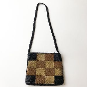 VTG Hand Beaded Shoulder Bag Checkered Gold Black